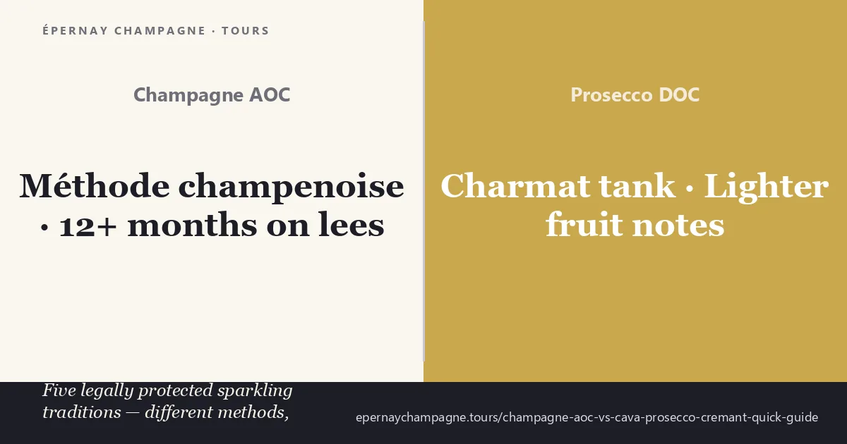 Champagne AOC uses méthode champenoise with 12 or more months on lees giving toasty brioche notes, while Prosecco DOC uses the Charmat tank method for lighter fruit-forward style — five sparkling traditions each with its own legal protection