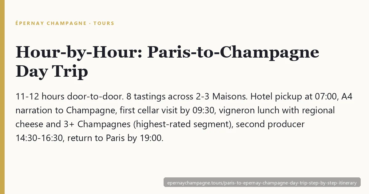 Hour-by-hour Paris-to-Champagne day trip — 11 to 12 hours door-to-door with 8 tastings across 2 to 3 Maisons, hotel pickup at 07:00, vigneron lunch with regional cheese and champagnes as the highest-rated segment, return to Paris by 19:00